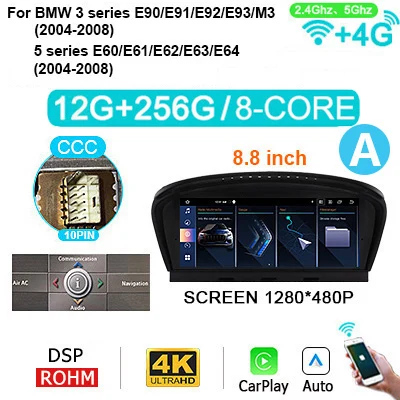 Draadloze Carplay Android 15 Auto 8.8" Scherm Autoradio Stereo voor BMW 5 Serie E60 E61 E63 E64 3 Serie E90 E91 E92 M3 2004-2012 - afbeelding 1