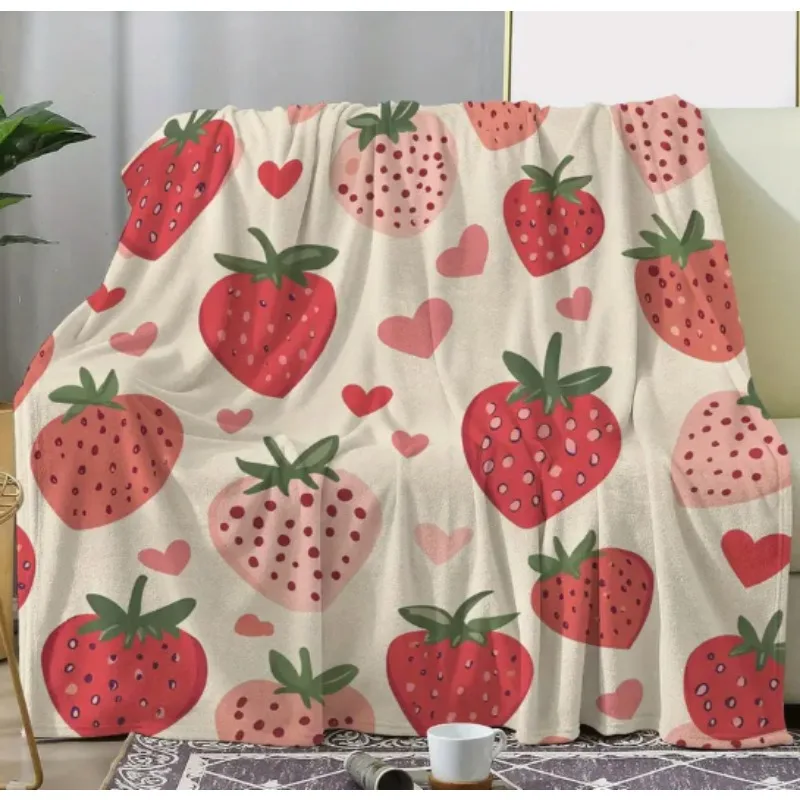 Selimut vintage dengan motif stroberi dan hati, selimut untuk sofa, tempat tidur, berkemah di mobil, kantor, dekorasi rumah
