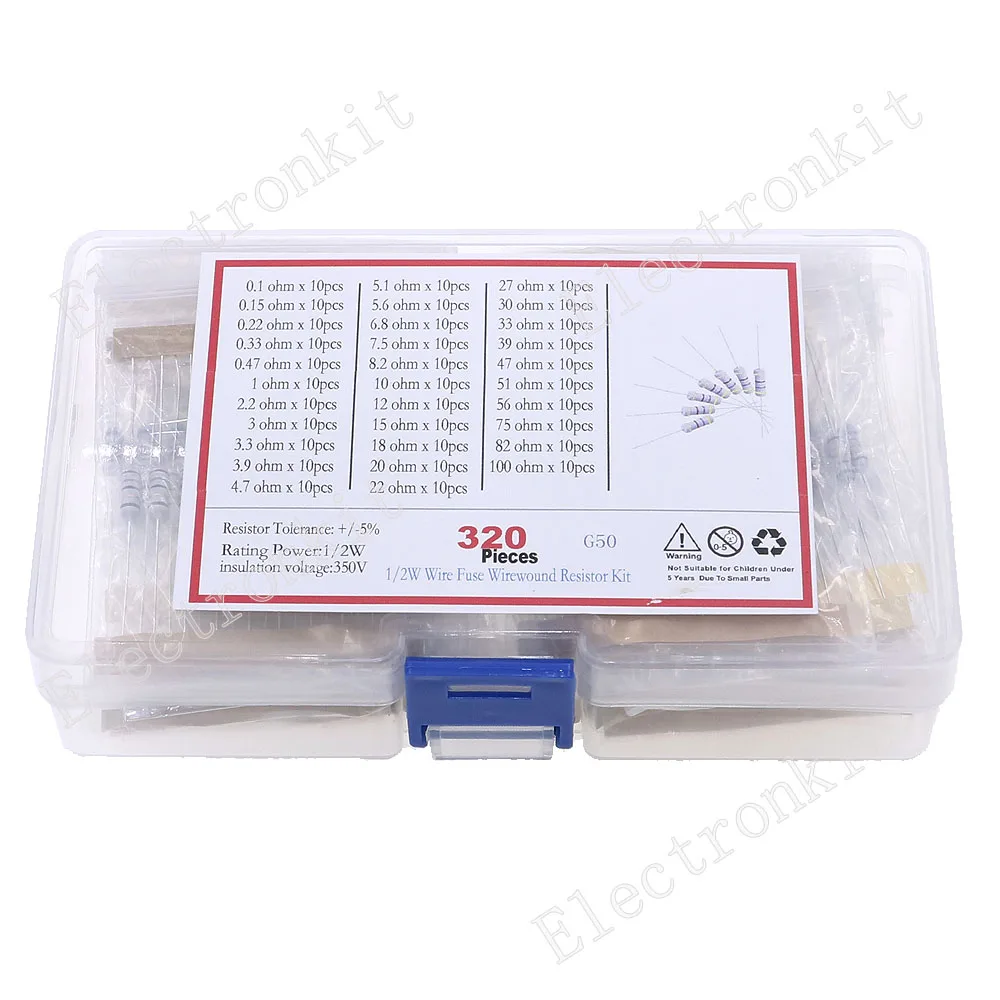 320Pcs 32Value 0.5W 0.1 ohm - 100 ohm Fuse Wirewound Resistor Assorted kit