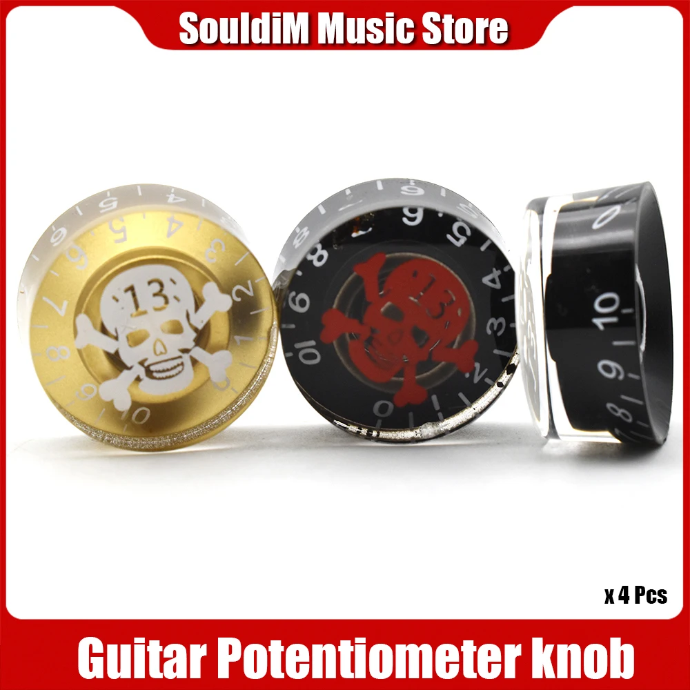 4pcs Acrylic Skull LP Electric Guitar Speed Control Knob Potentiometer Knob Cap Black with Transparent Guitar Pot Accessories