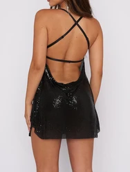 New Sexy Women Shiny Spaghetti Strap Dress Solid Color Sleeveless Backless Party Dress For Cocktail Nightclub Beach Street Style