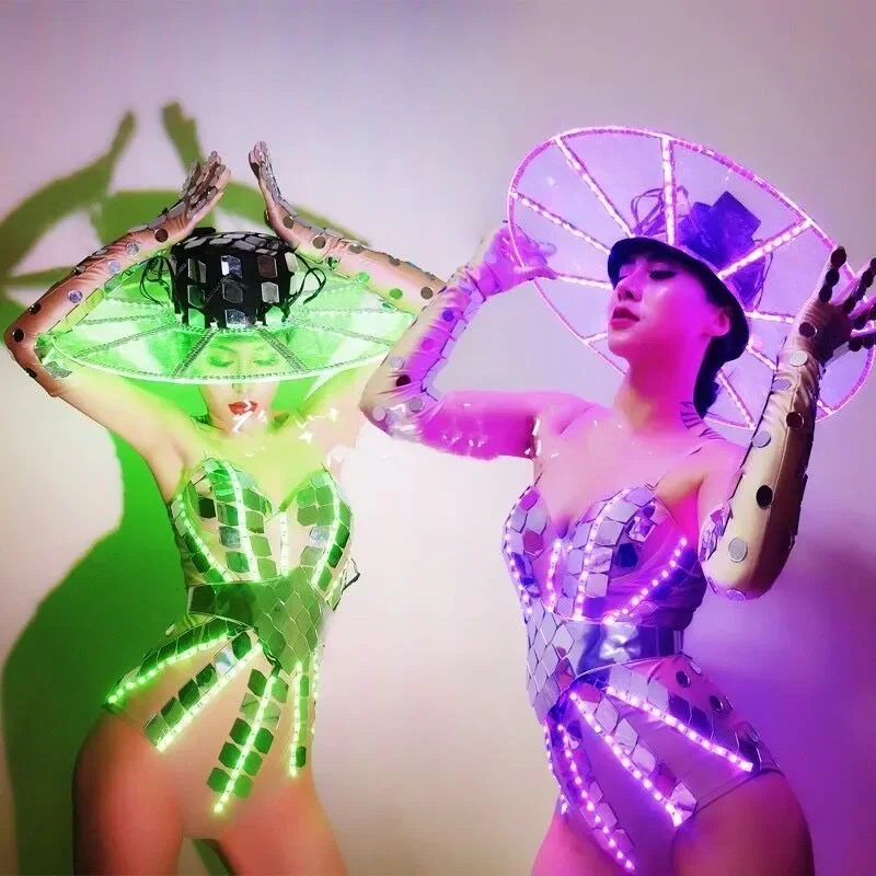 Women LED Dress Luminous Hat Light Up Ladies Gogo Dance Outfit Costume Performance Clubwear Party Copslay