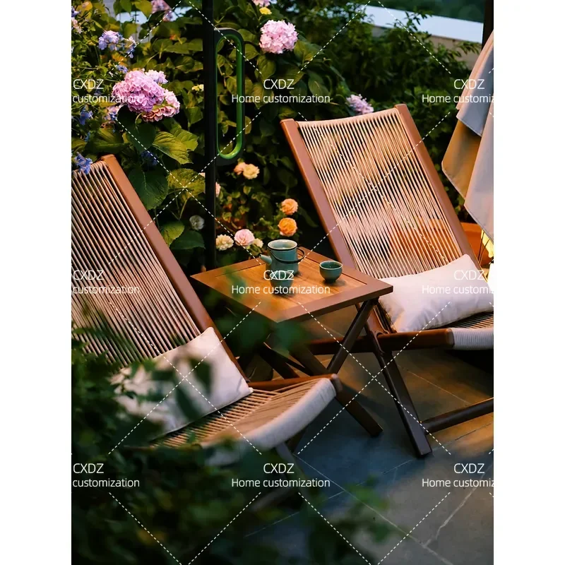 Rattan Recliner Chair with Small Table Outdoor Patio Furniture Set Balcony Leisure Sofa Chair Backrest Support for Courtyard