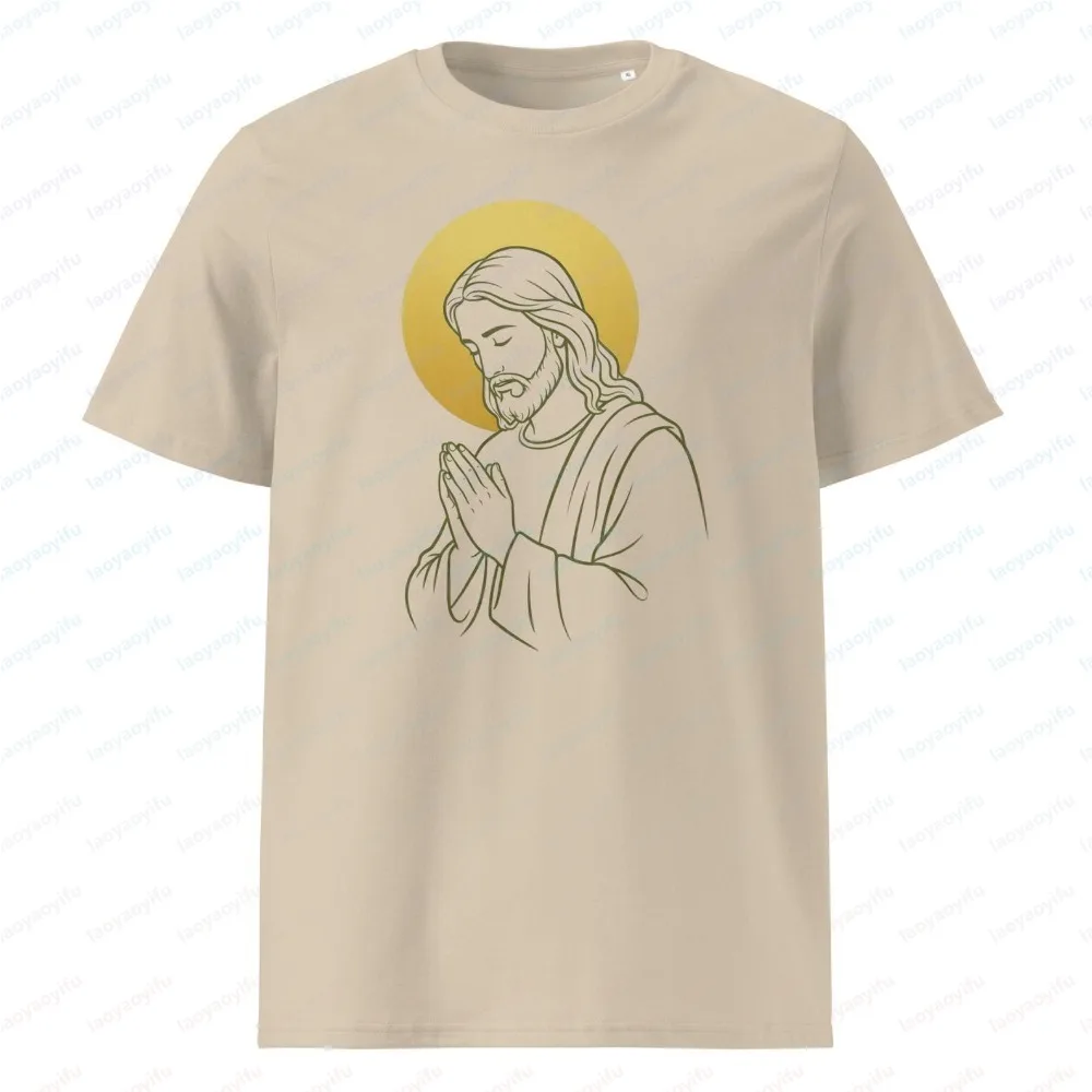Jesus Praying Art Cotton T-Shirt for Men Women Minimalist Halo Graphic Tee Religious Faith Casual Tops Casual Vintage Trend Tee