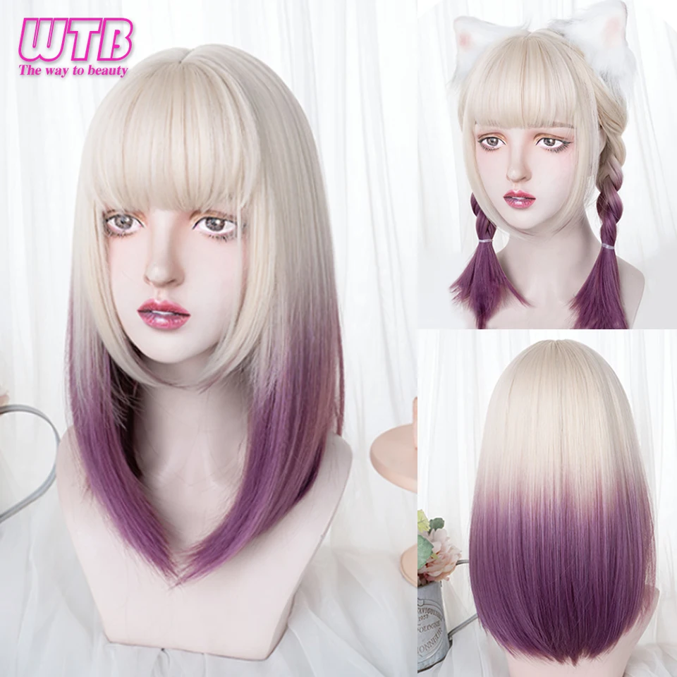 Cosplay Wig With Bangs Synthetic Straight Hair Long Heat-Resistant Ombre Purple Wig For Women Party Date Wear Use