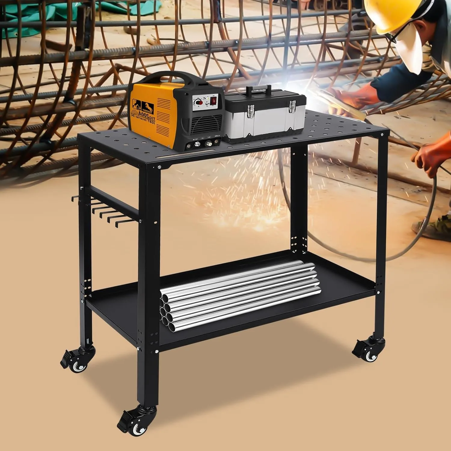 Portable Welding Table with 4 Wheels Dual Storage Panels Workbench for Welding Shops or Home Workshops 1200 Lbs Load Capacity