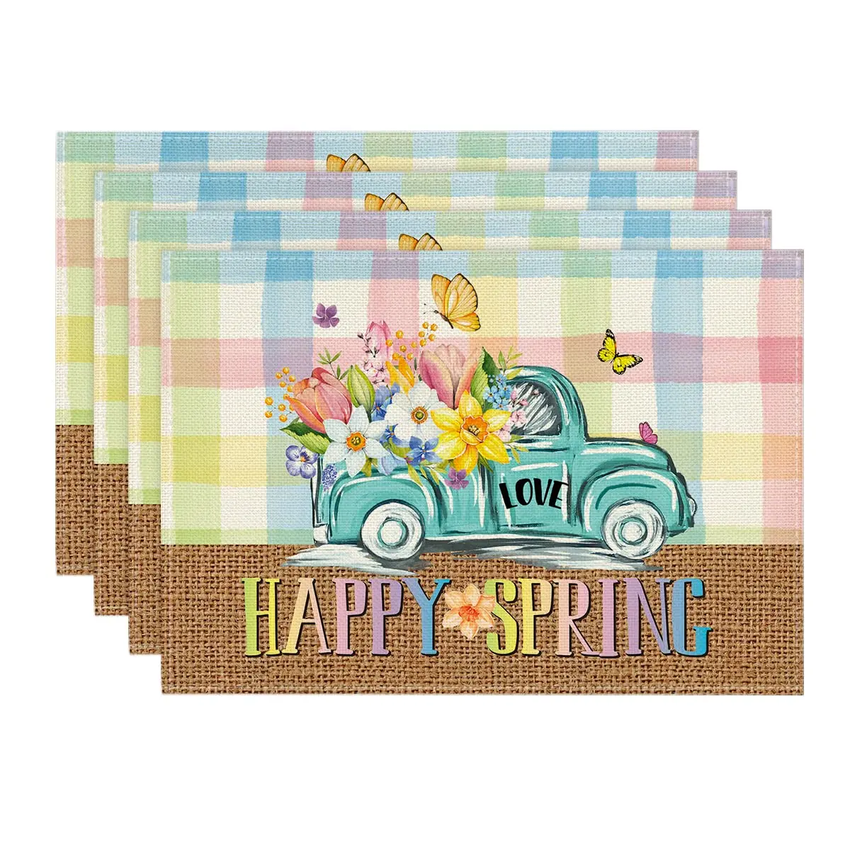 

Happy Spring Placemats for Party Dining Decor, Plaid Table Mats,Pink and Blue Buffalo, Plaid Truck Flowers, 12x18 Inch, Seasonal