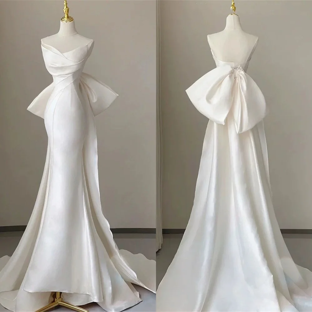 

Customized Delicate Ivory Satin Evening Dress Exquisite Strapless Sleeveless Zipper Back Bow Mermaid Special Occasion Gowns