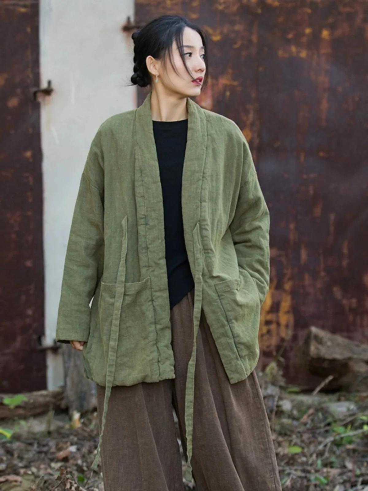 Retro Style V-Neck Tied Cotton Linen Jacket Warm Artistic Vintage Zen Atmosphere Cotton Outerwear Top Hanfu Chinese Clothing