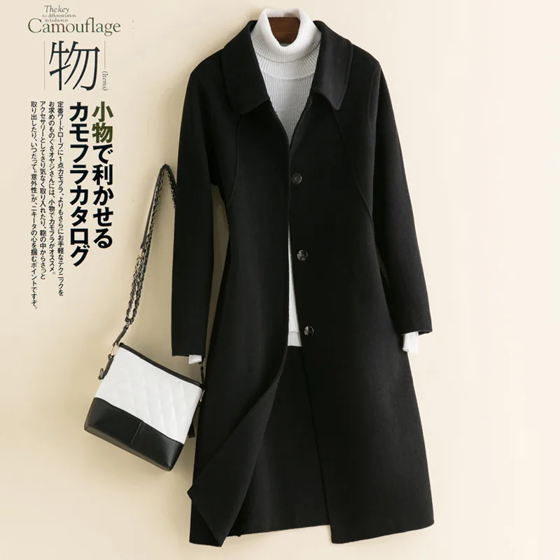 

Autumn and winter new double-sided wool coat women's medium and long slim-fitting woolen coat doll collar over knee fashion