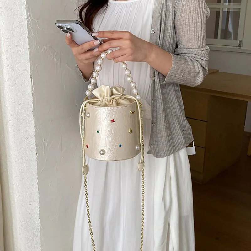 Exquisite Bucket Bag Women's Crossbody Chain Bag Summer High-End Sensation Small Luxury Pearl Diamond Shoulder Bag