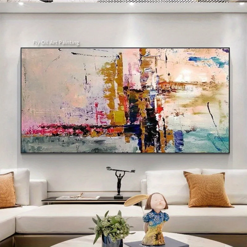 Popular Design Pink Black Yellow Canvas Thick Large Oil Painting New Original Hand Painted Navy Blue Yellow Home Wall Art Items
