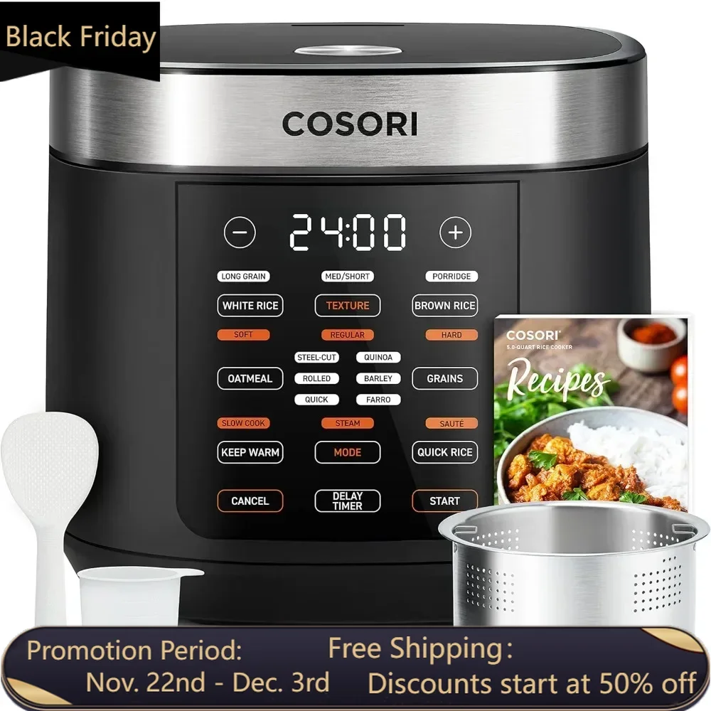 

Rice Cooker Maker 18 Functions, Stainless Steel Steamer, Warmer, Slow Cooker, Sauté, Timer, 50 Recipes, 1000W, 10 cup Uncooked.