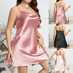 Large Size 3XL 4XL 5XL Female Nightgown Sexy Suspender Nightdress Pink Chemise Sleepwear Bathrobe Loose Satin Home Dressing Gown