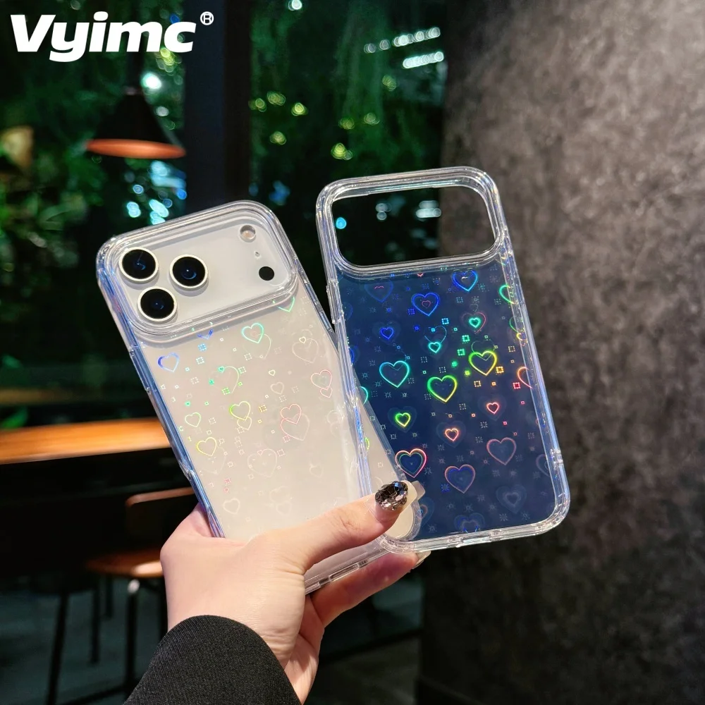 

Luxury Holographic Gradient Laser Love Heart Pattern Case For iPhone 17Air 16 15 14 Plus 17 13 12 Pro Max Clear Silicone Cover