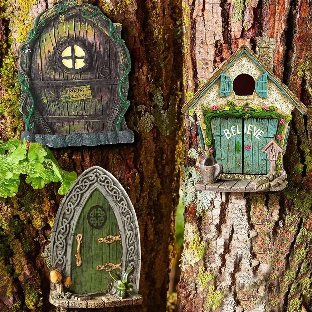 Miniature Fairy Door Figurines Statues for Outdoor Yard Art Garden Tree Decor Accessories With Engraved Design Fairy Garden Door