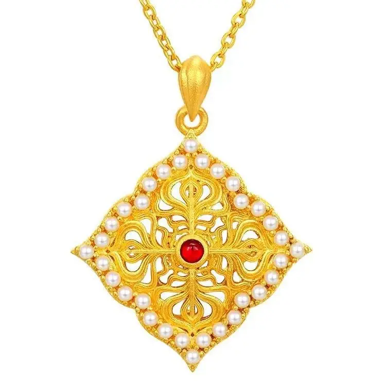 18k Yellow Color Gold Pearl Palace Pendant Necklace for Women Clavicle Chain Gold Necklace Christmas Day Fine Jewelry Gifts