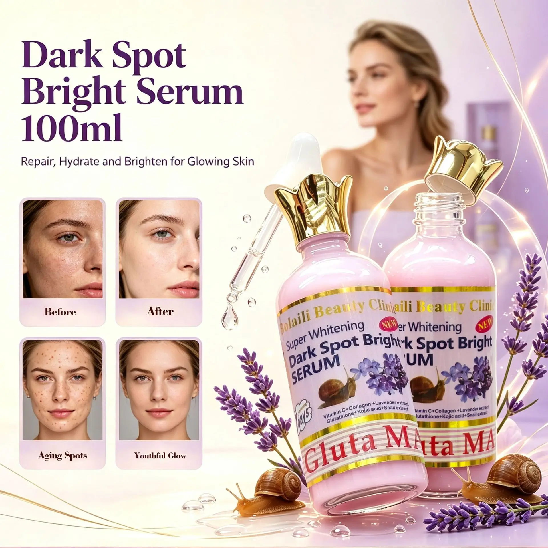 Snail Lavender Serum 100ml Deep Nourishing Brightens Skin Tone Improves Dull Moisturizing Hydrating Factor Serum Skincare