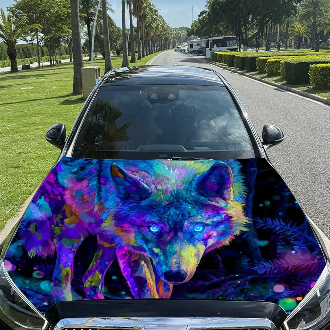 

Fantasy Colorful Wolf and Flowers & Plants Car Vinyl Wrap, PVC Material Waterproof Car Hood Sticker, Self-Adhesive Scratch-Resis