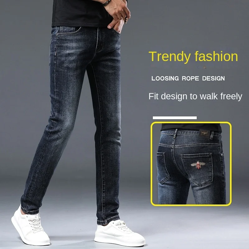 Autumn and Winter Thick Jeans for Men 2024 New Embroidered Fashion Elastic Slim Fit High-End Men's Clothing Denim Trousers