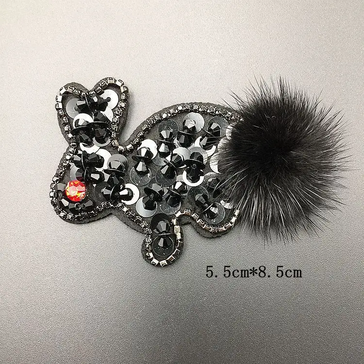 1 pcs Sequined fur rabbit Patch for Clothes Sewing on Rhinestone Beaded Applique for Jackets Jeans Bags Shoes Beading Applique