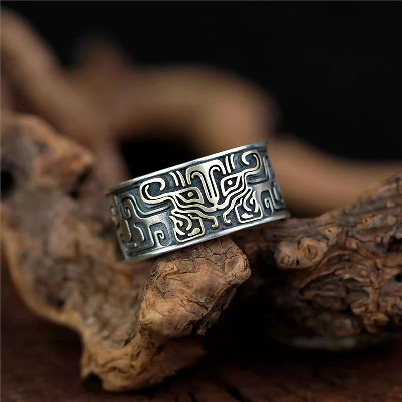 Chinese Style Auspicious Beast Gluttonous Pattern Ring for Men Unique Open Ring Retro Thai Silver Index Finger Jewelry KOFSAC