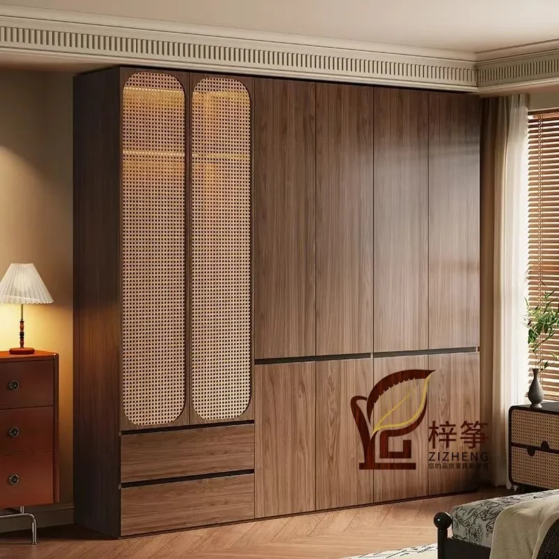 For Medieval Solid Wood Wardrobe Walnut Finish Rattan Retro Large Multi-Hanging Clothes Cabinet Home Bedroom Furniture