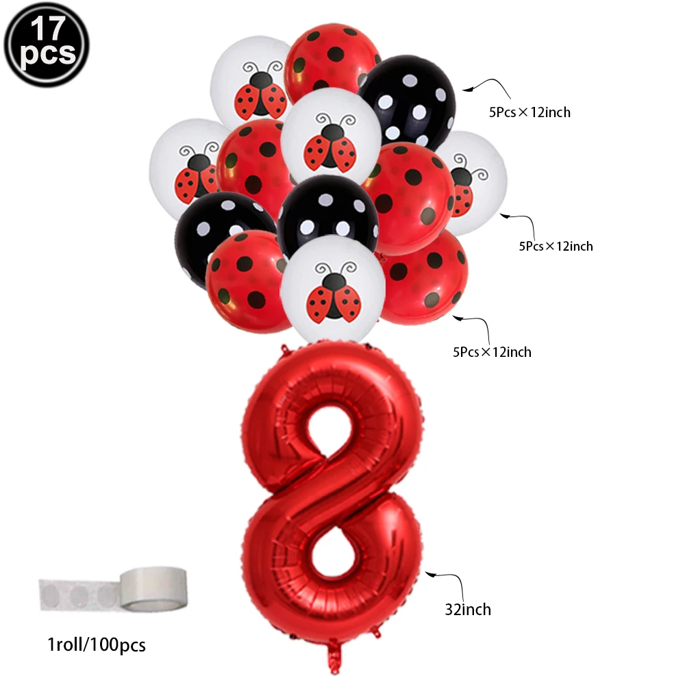 17Pcs Red Large 32inch Numbers Balloons Ladybug Pattern Red Black Polka Dots Latex Balloons for Ladybug Party Birthday Decortion