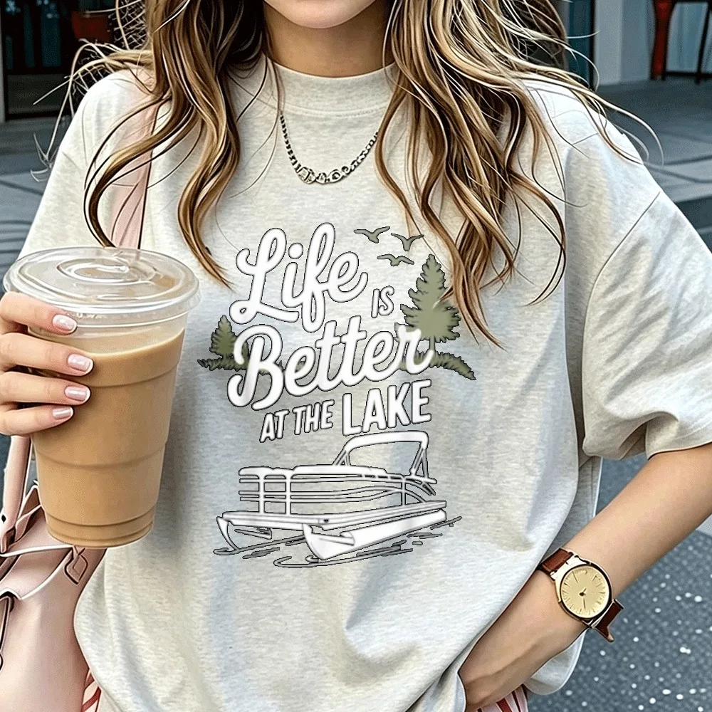 Life Is Better At The Lake Graphic Cotton T‑Shirt Pontoon Boat Nature Tree Bird Print  Casual Outdoor Vacation Streetwear Tops