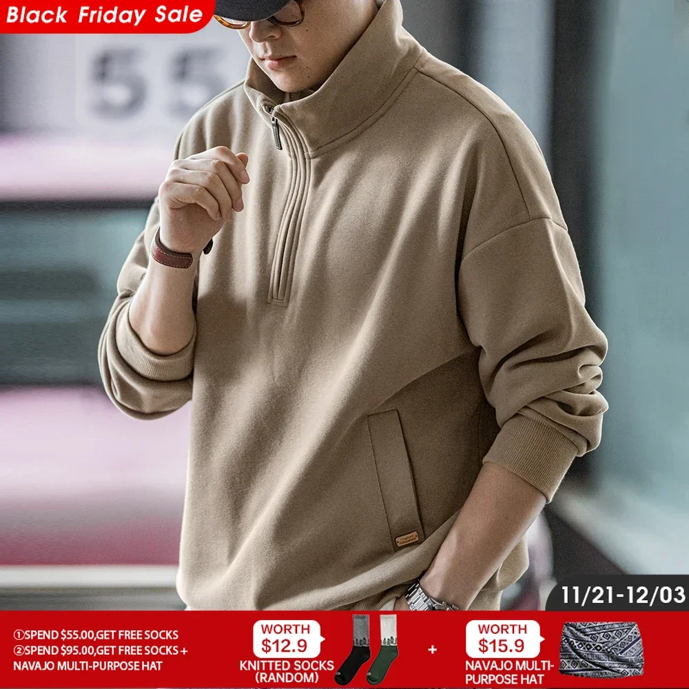 Maden Casual Half-Zip Stand Collar Fleece Sweatshirt Cleanfit Solid Pullover Warm Hoodies Men's Fall and Winter Top without Hood