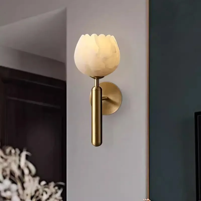 

Modern LED Natural Marble Flower Wall Lamp Luxury Bedroom Bedside Living Room TV Background Wall Corridor Pure Copper Wall Lamp