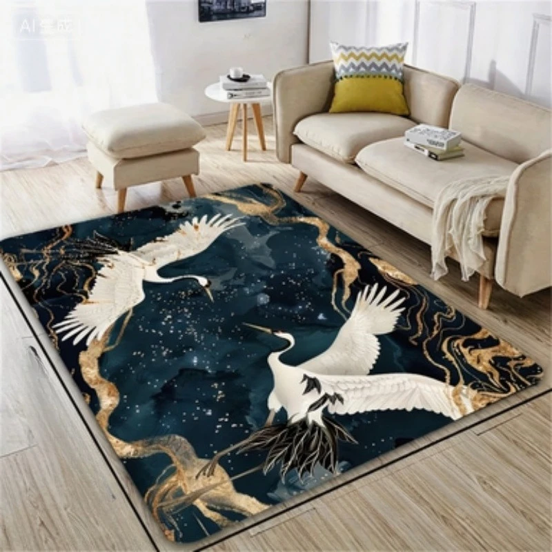 Newest Dark Green Gold Crane Ink Landscape Large Area Rug Non Slip Oriental Living Room Carpet
