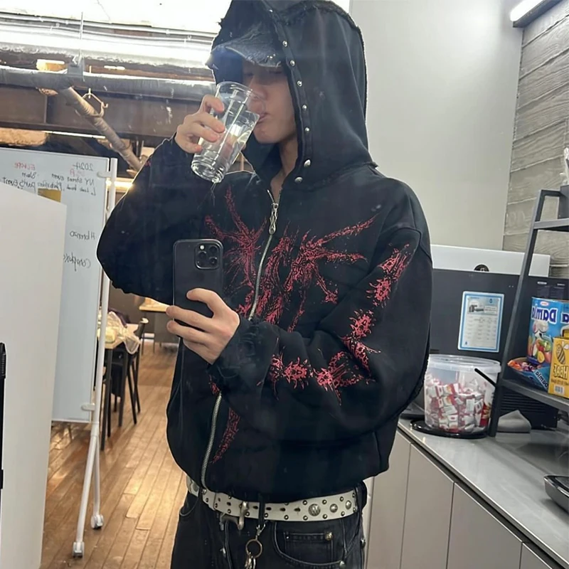 سترة Thug Club الجديدة ذات الوزن الثقيل المضلع بطباعة الشيطان الرصع المتعثرة كبيرة الحجم وأكمام طويلة وقلنسوة وسحاب #1