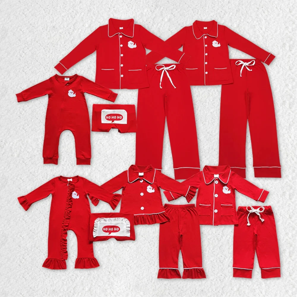 

Adult Long Sleeves Button Down Set Dad Mom Embroidery Christmas Santa Pocket Sleepwear Red Pants Outfit Infant Cotton Pajamas