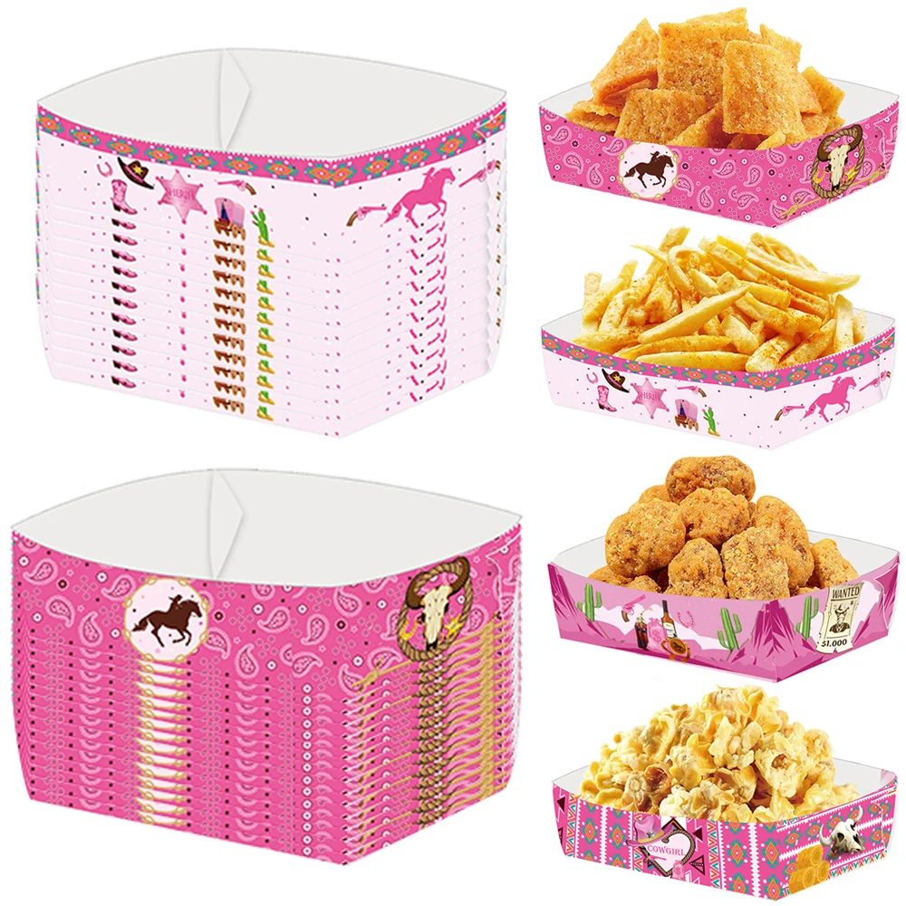 4/12/24pcs Cowgirl Paper Food Trays Boat Pink Disposable Trays Kraft Paper Boat Box for Western Theme Birthday Party Supplies