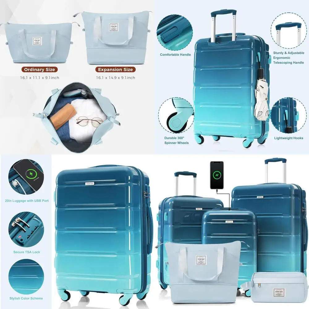 

Набор багажа из АБС-пластика, твердые чемоданы-спиннеры из 5 предметов с замком USB и TSA