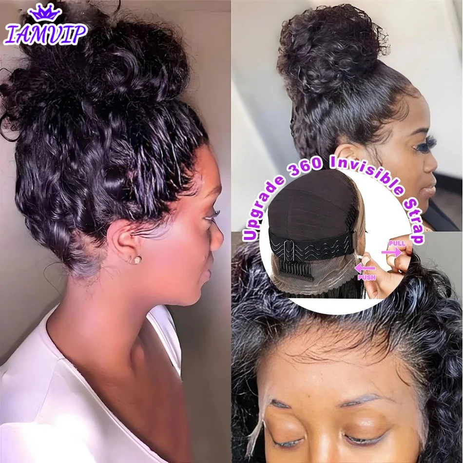 

Invisi Strap 360 Full Lace Frontal 250 Density Kinky Curly 30 Inch Black Human Hair Wig Drawstring Snug Water Wig Preplucked