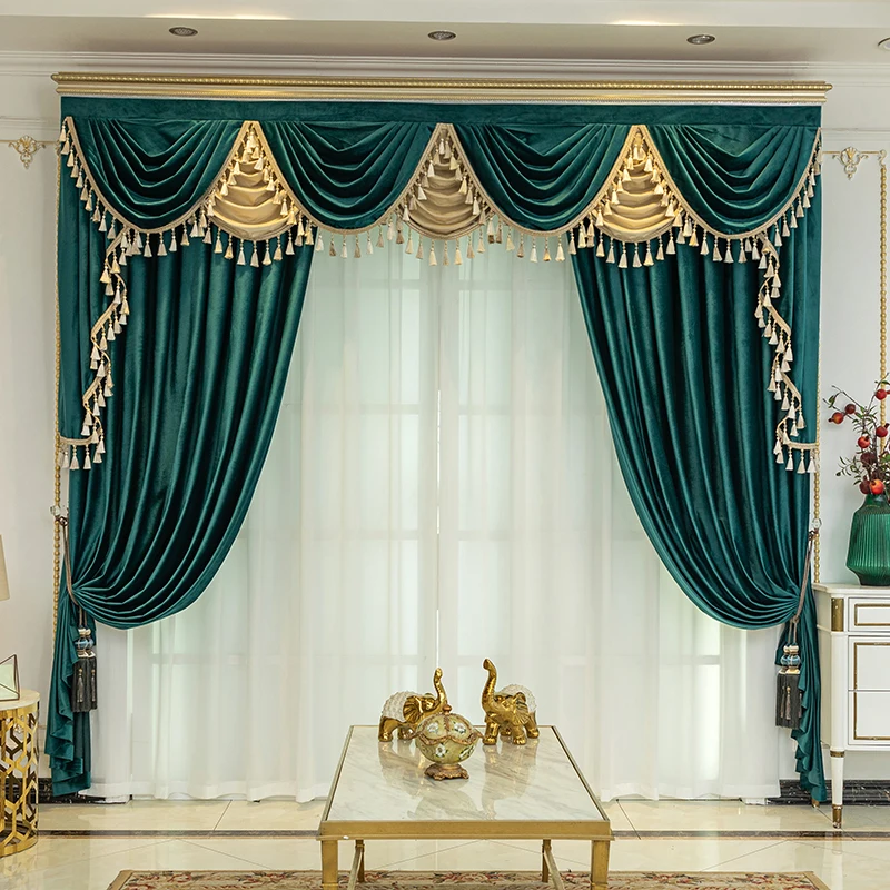 

Custom high-grade European atmosphere living room villa shading velvet blue cloth blackout curtain tulle valance drape C1145