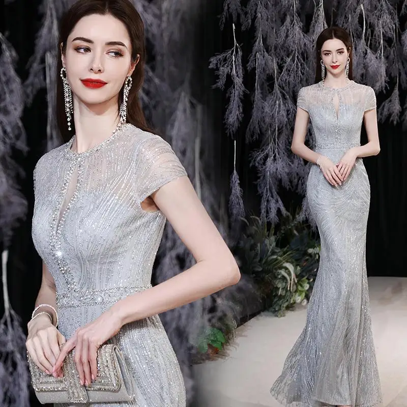 O-neck Sequined Slim Simple Elegant Evening Dresses Sleeveless Wedding Party Vestidos Temperament Elegant Trumpet Prom Dress