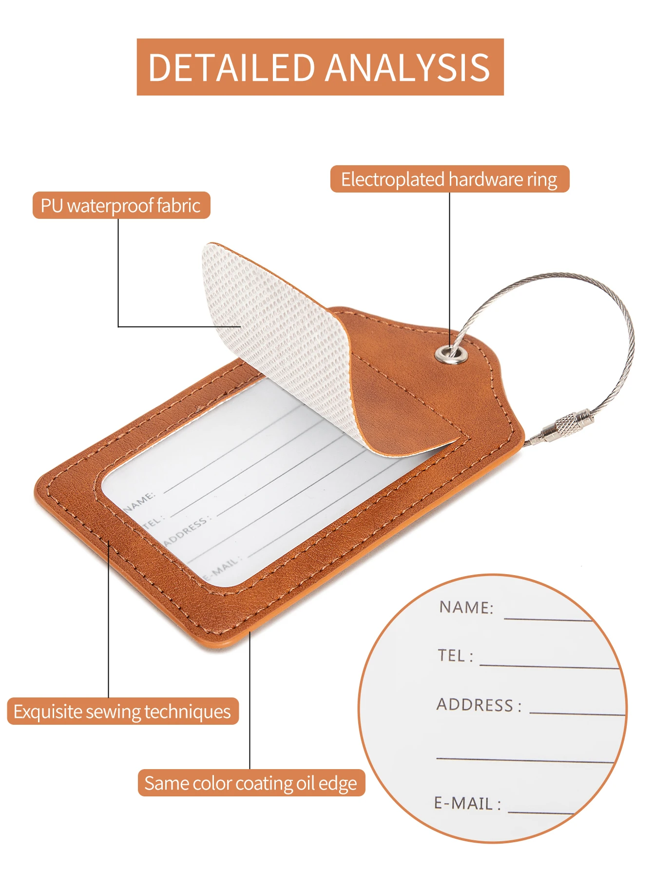 

PU leather luggage tag with anti loss wire rope loop and built-in privacy protection cover, suitable for luggage and travel bags