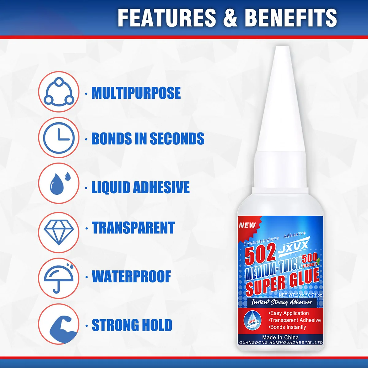 502 Super Cola Extra Forte Líquido Transparente Adesivo Cianoacrilato Reparação de sapatos de viscosidade média, couro, cerâmica, plástico, vidro, metal, madeira, borracha, terracota, modelagem.