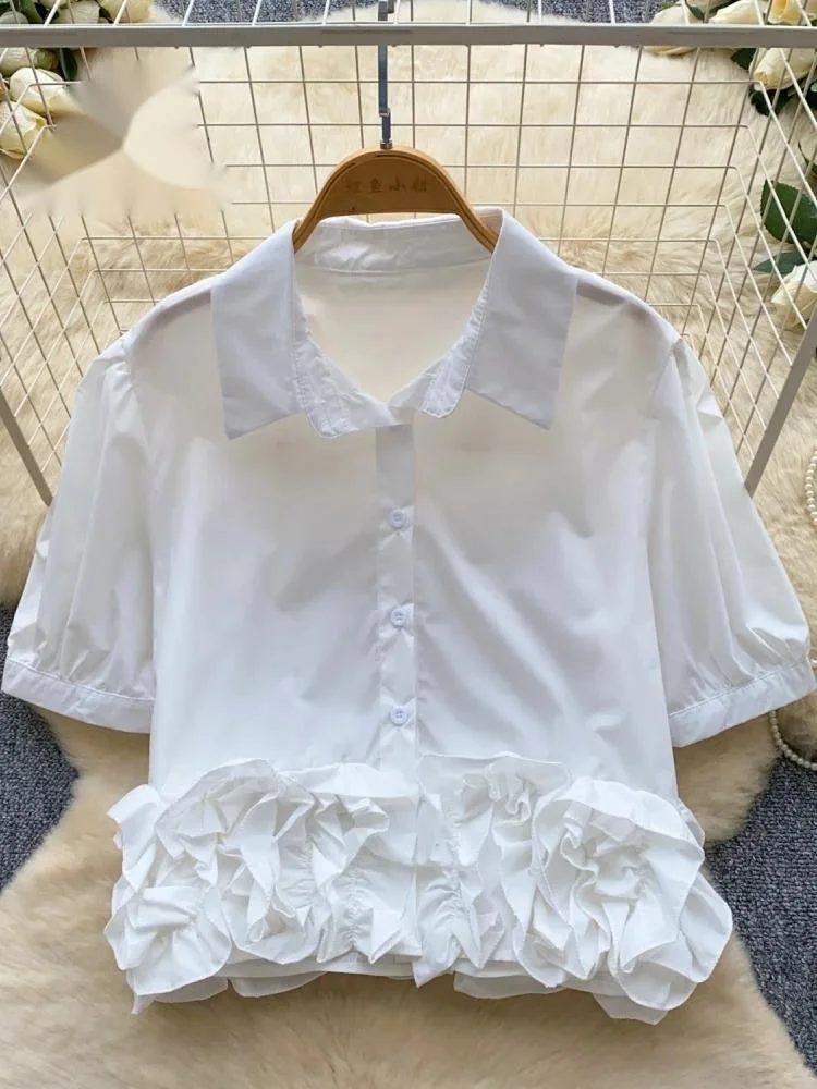 

Designer-Inspired Short Sleeves Shirts Women Lapel Solid Casual Top Ins Korean 3D Floral Hotsweet Basics Blouse