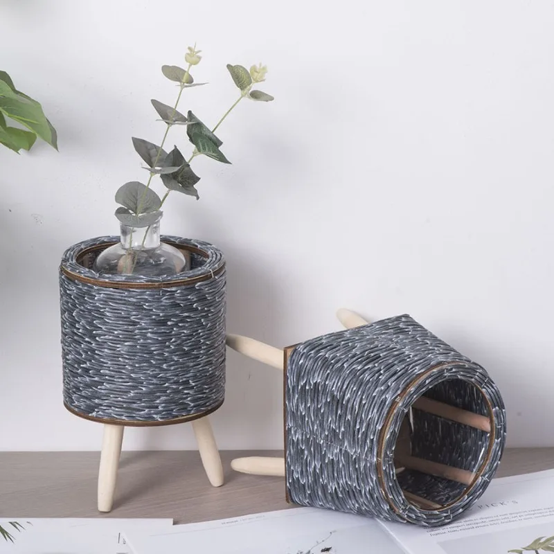 Vine Woven Flower Pot Triangular Bracket Creative Storage and Decoration for Living Room Desktop Placement