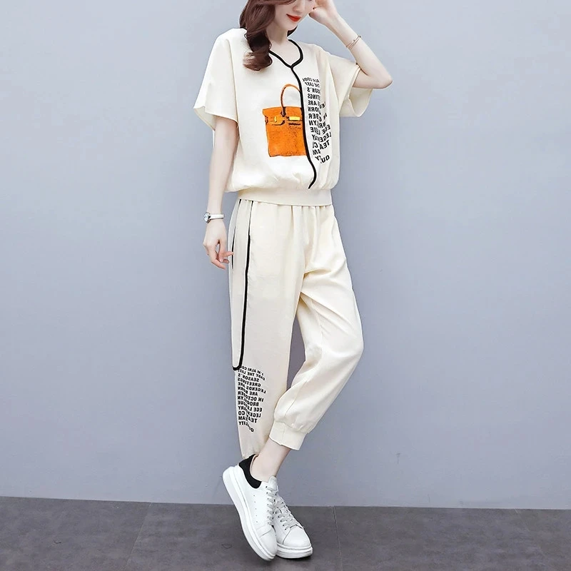 Summer 2023 New Cotton Linen Suit Women's Fashion T-Shirt Top And Bind Feet Pants Letter Print Two-Piece Set Female Casual 2Pcs