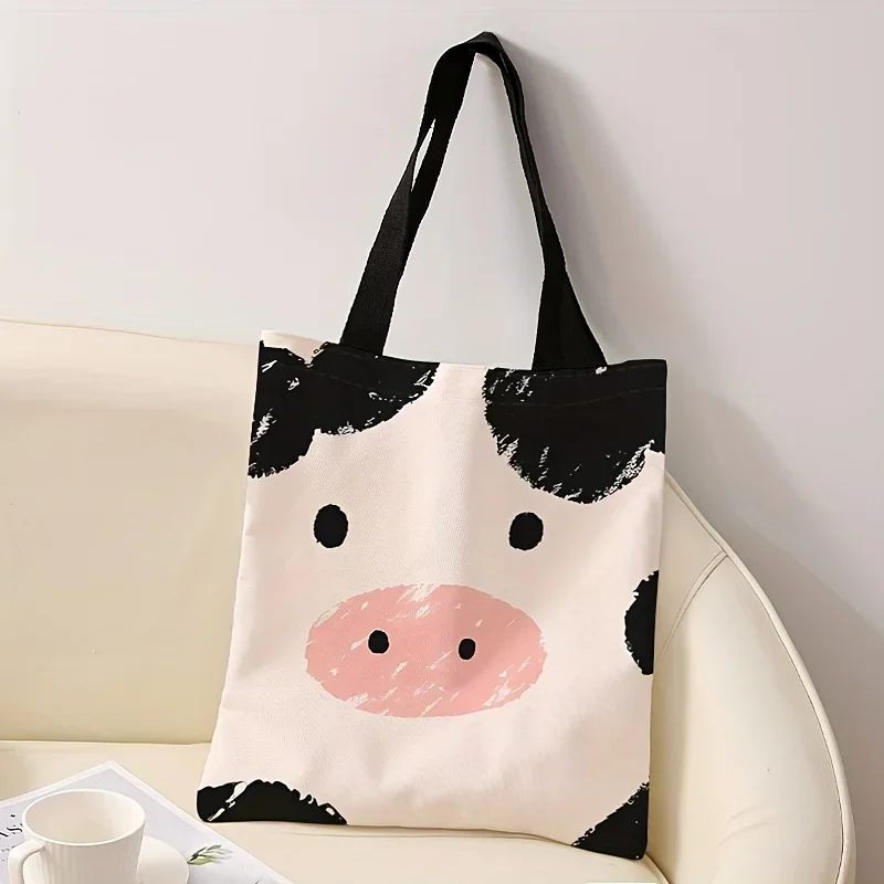 

Ladies' Cartoon Cow Print Tote Bag Reusable Shopping Bag Black Handle with Pink Accents Lightweight and High-quality Daily Bag