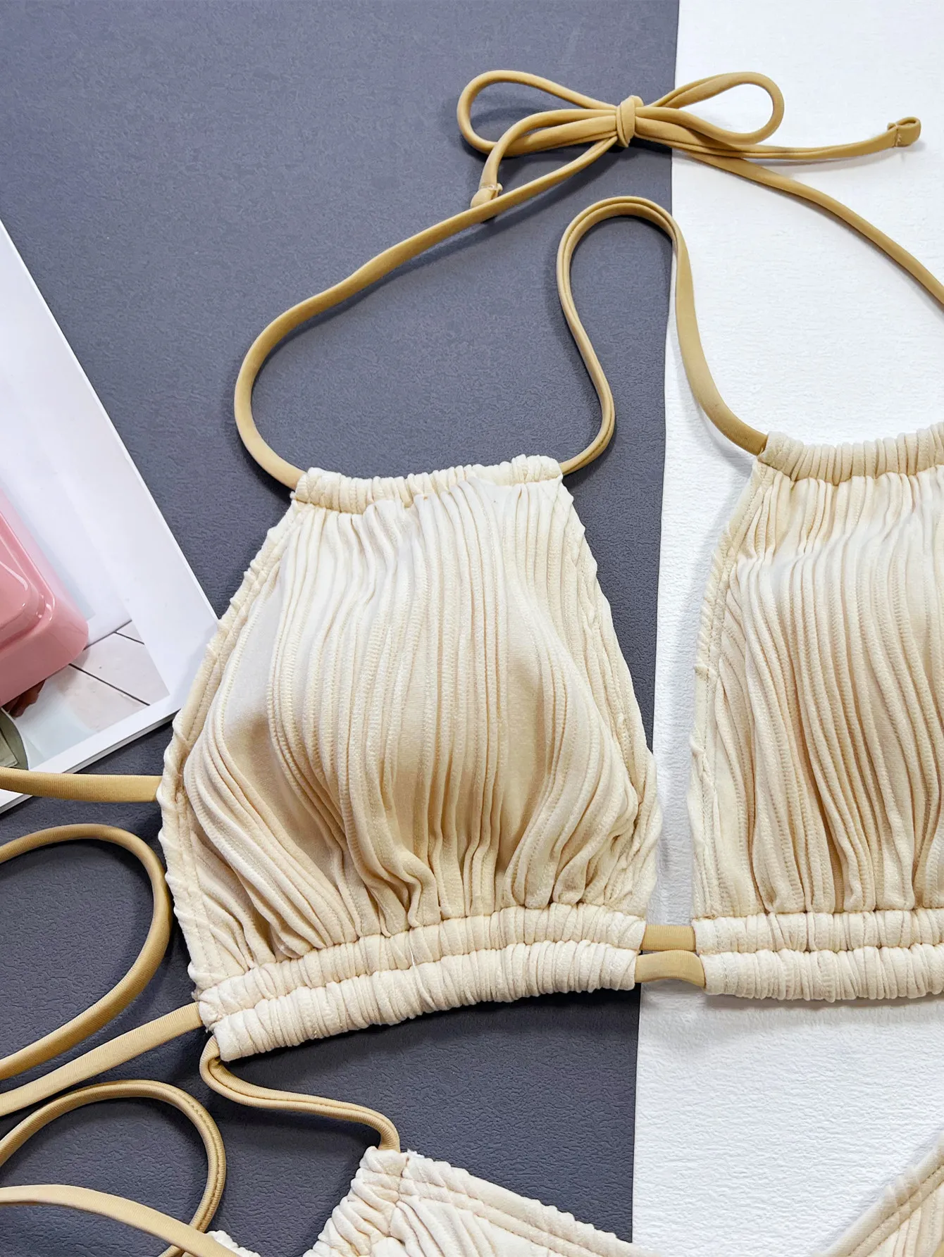 Traje de baño acanalado de vendaje beige para mujer, bikini de una pieza con lazo halter y espalda descubierta, traje de baño, trajes de playa, mono, bikini
