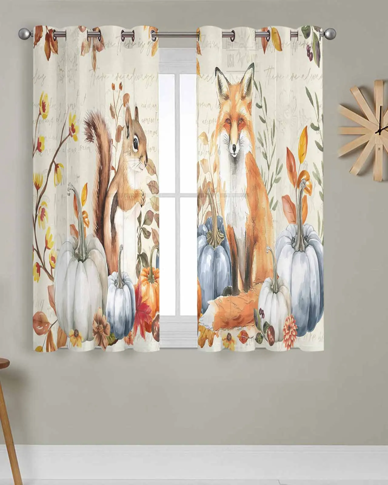 

Tulle Window Curtains Autumn Squirrel Fox Pumpkin for Living Room Bedroom Transparent Chiffon Sheer Voile Window Curtain
