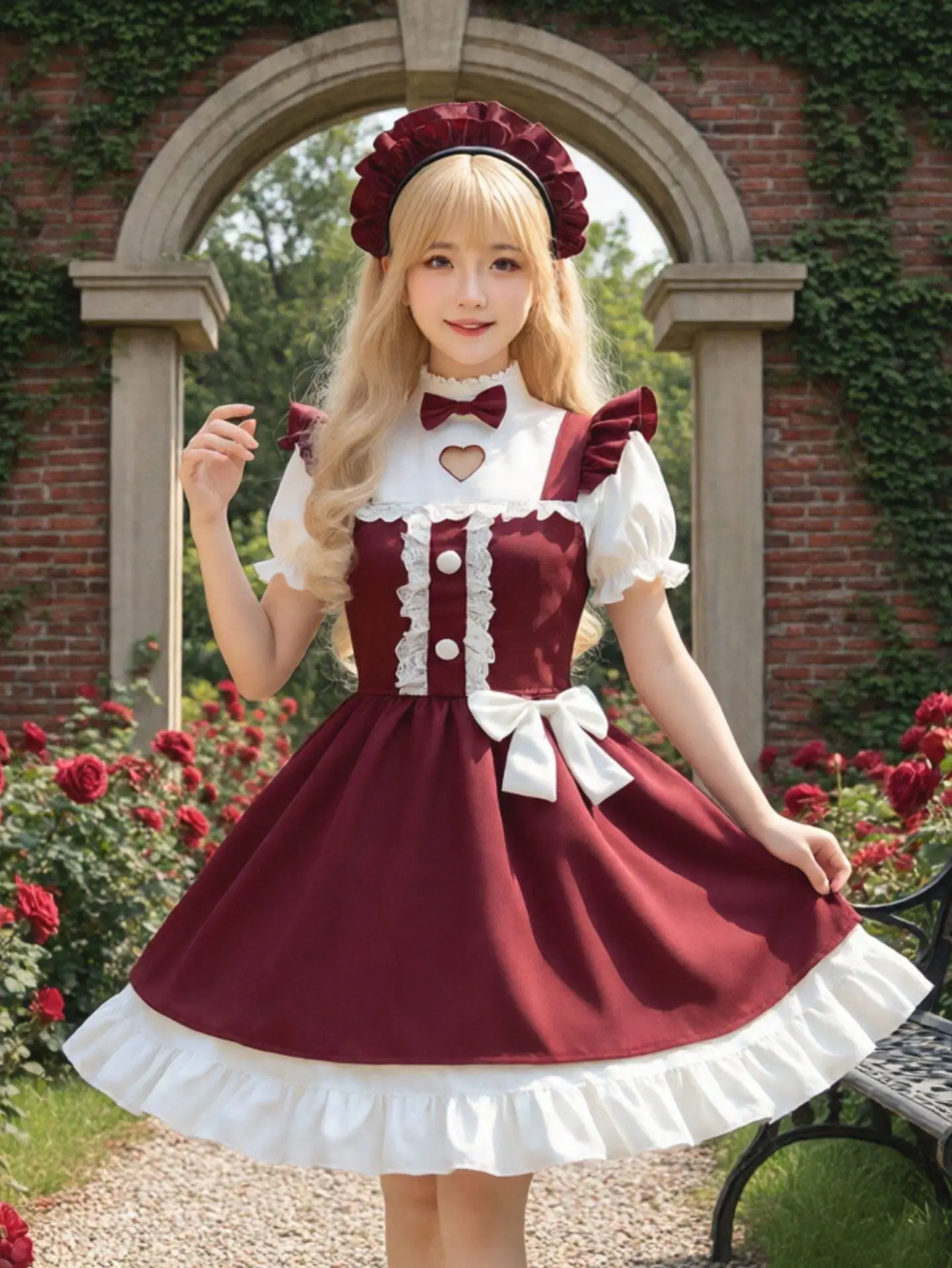 

Christmas Red Bow Maid Lolita Dress Women Sweet Loli Ruffle Hem Dress For New Year Party Spring Outfit