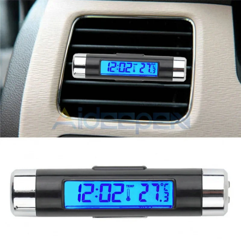 

2 in 1 Car Auto Thermometer Clock Temperature LCD Display Screen Clip-on Digital Blue Back Light Automotive Accessories Portable
