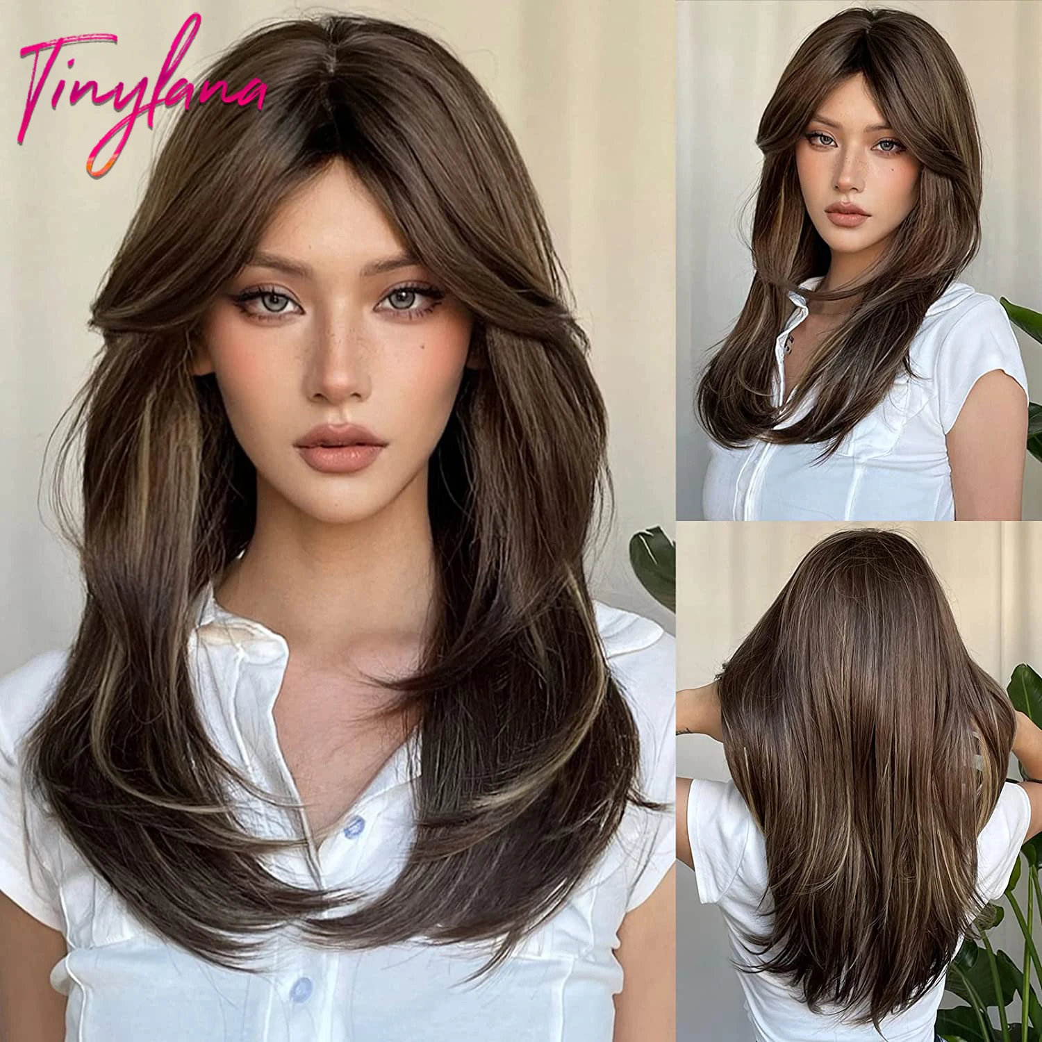 Brown Mixed Blonde Highlight Synthetic Wigs Long Straight Layered Wig with Long Bangs for Women Afro Natural Cosplay Daily Hair